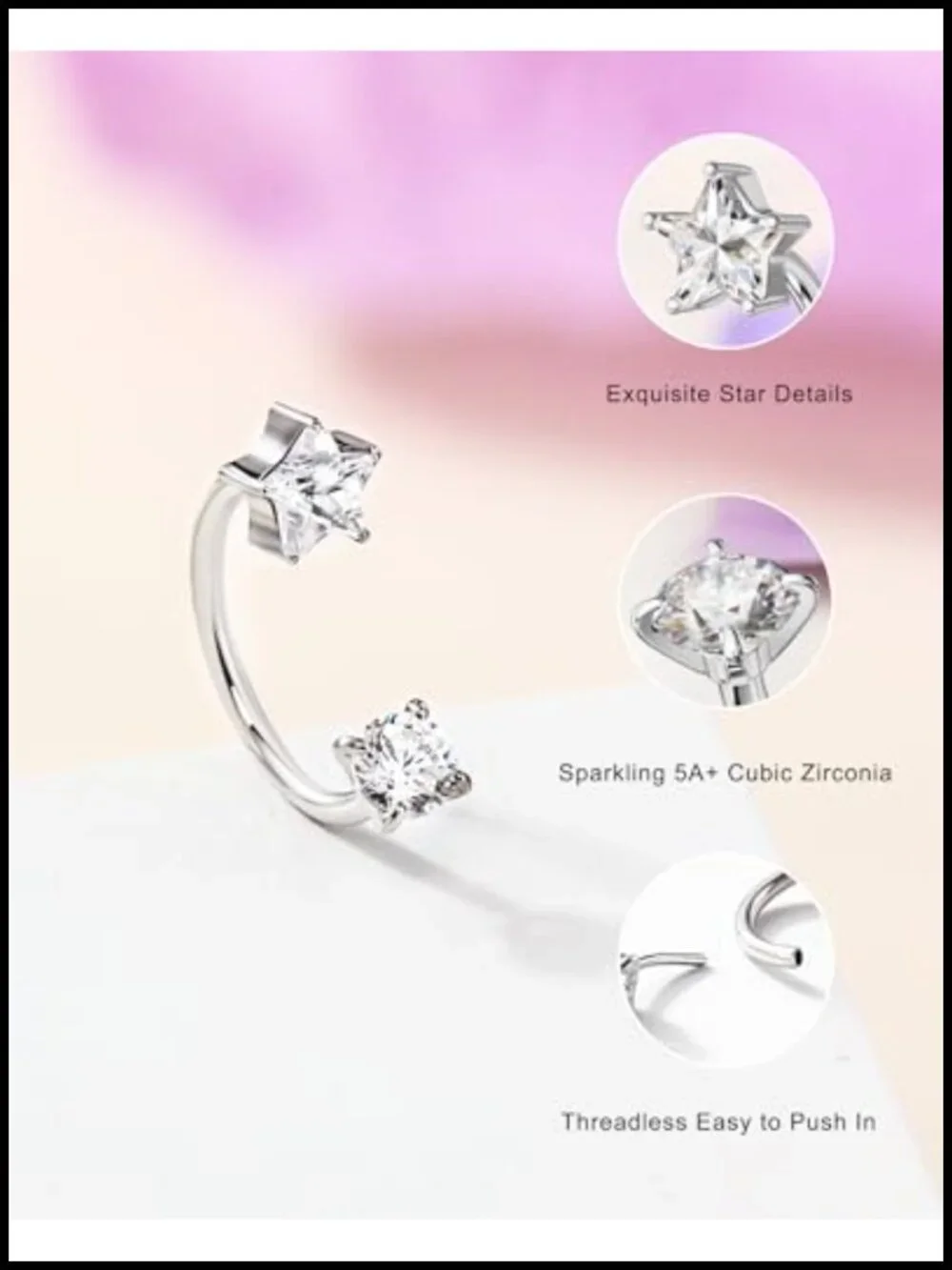 20G 7mm Star Horseshoe Nose Ring Threadless Surgical Steel Piercing Jewelry